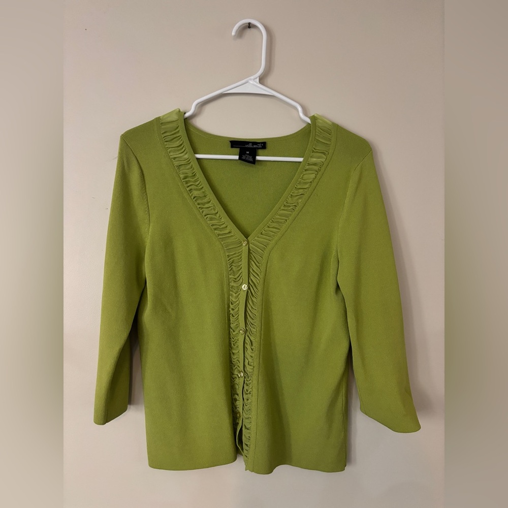 Green Cardigan Y2K with Ruffle Sheer Trim